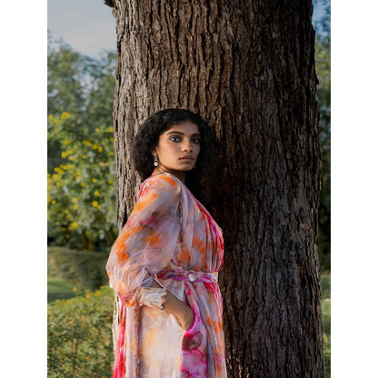 17 : 17 by Simmi Saboo Red Ombre One Shoulder Jumpsuit with Drape Embroidered Belt (Set of 2)