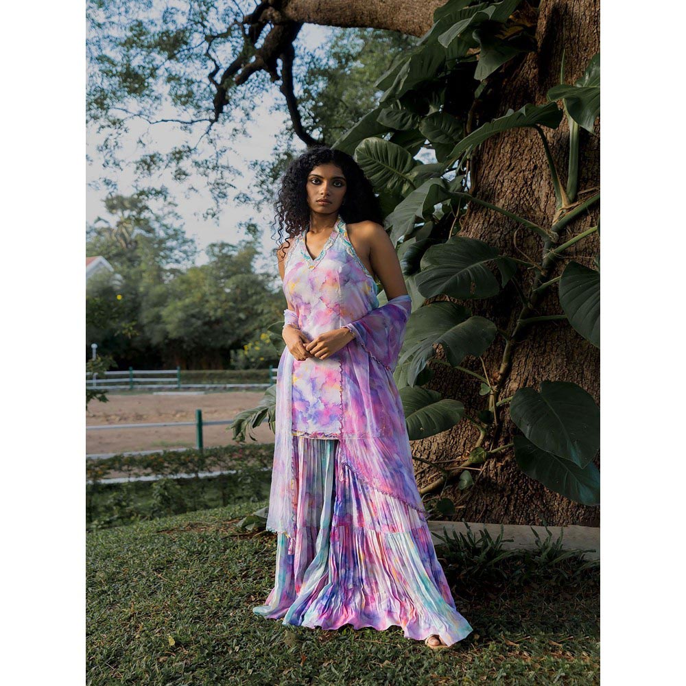 17 : 17 by Simmi Saboo Purple Ombre Halter Neck Short Kurta with Sharara & Dupatta (Set of 3)