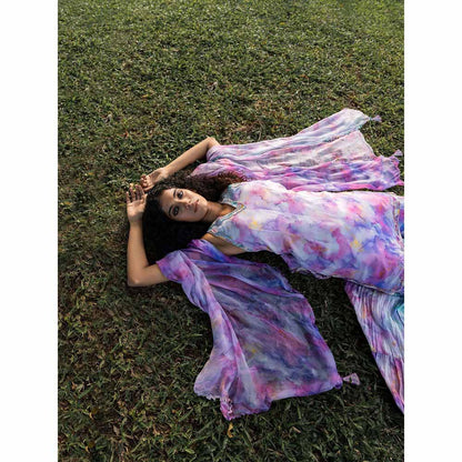 17 : 17 by Simmi Saboo Purple Ombre Halter Neck Short Kurta with Sharara & Dupatta (Set of 3)