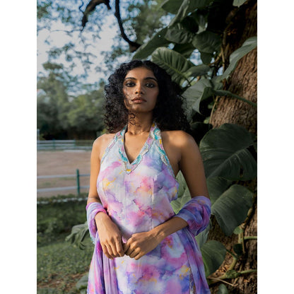 17 : 17 by Simmi Saboo Purple Ombre Halter Neck Short Kurta with Sharara & Dupatta (Set of 3)