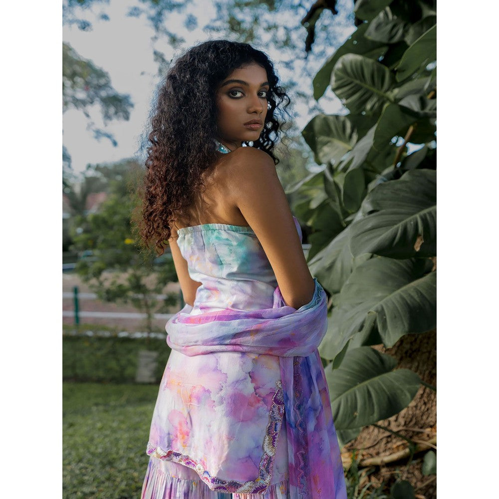 17 : 17 by Simmi Saboo Purple Ombre Halter Neck Short Kurta with Sharara & Dupatta (Set of 3)