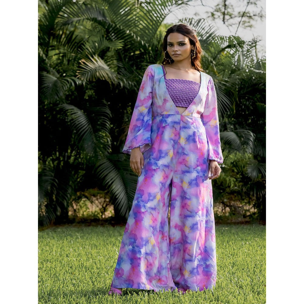 17 : 17 by Simmi Saboo Purple Ombre Chawal Taka Bustier with Deep V Neck Jumpsuit (Set of 2)