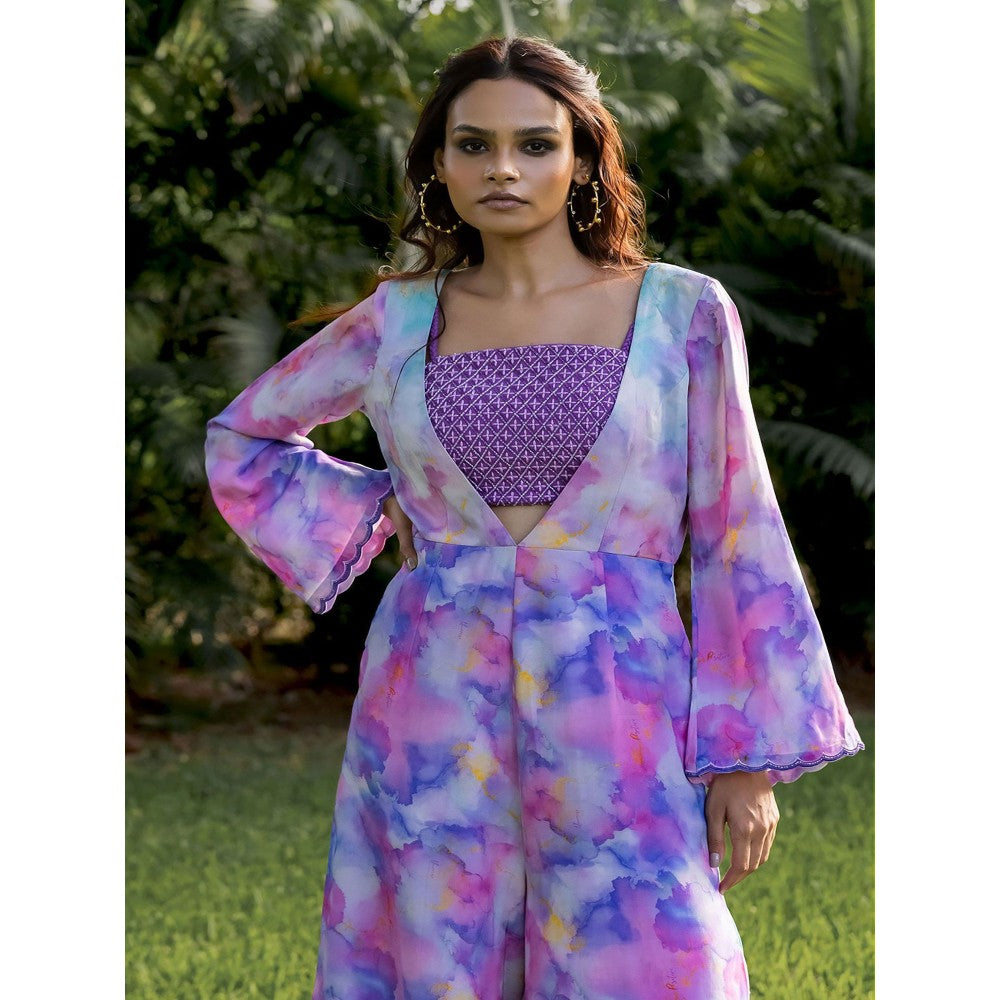 17 : 17 by Simmi Saboo Purple Ombre Chawal Taka Bustier with Deep V Neck Jumpsuit (Set of 2)