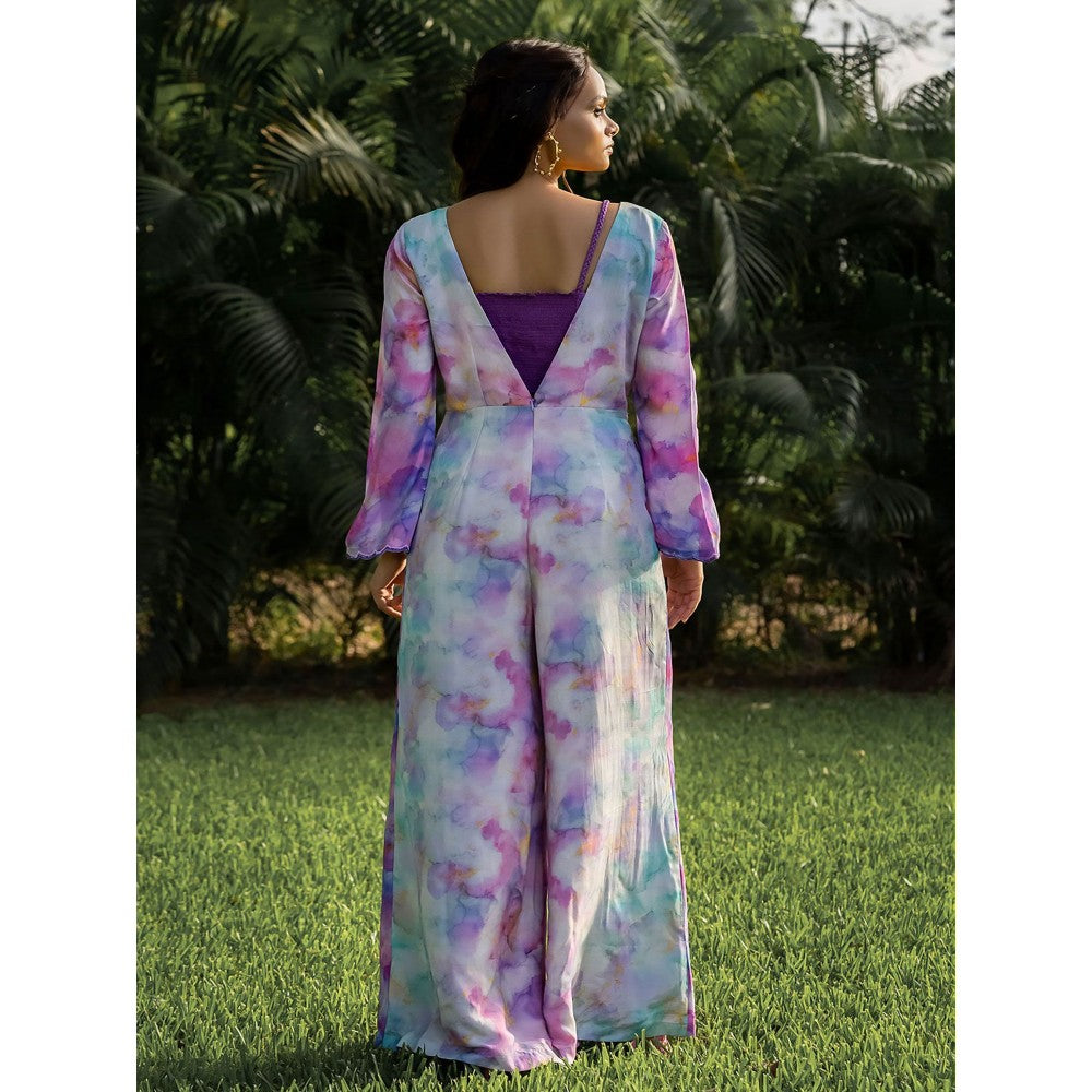 17 : 17 by Simmi Saboo Purple Ombre Chawal Taka Bustier with Deep V Neck Jumpsuit (Set of 2)