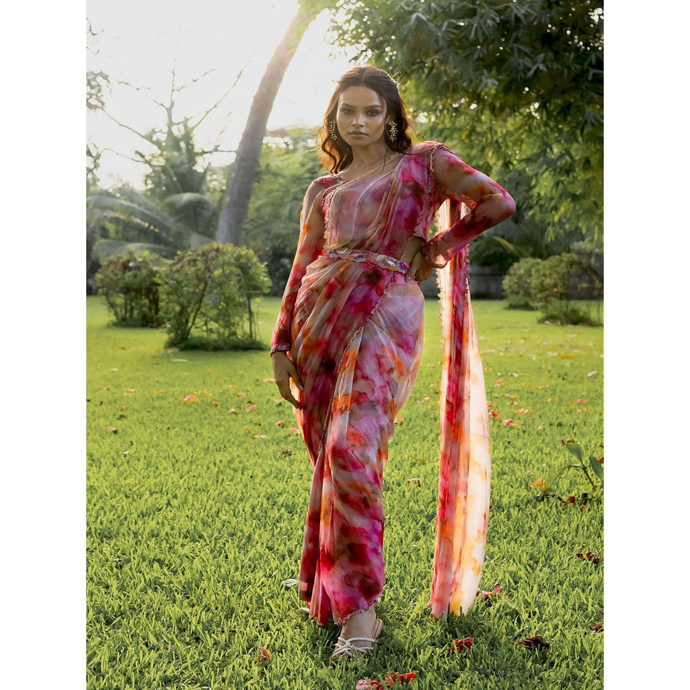 17 : 17 by Simmi Saboo Red Ombre Round Neck Full Sleeves Bustier with Pant Saree (Set of 3)