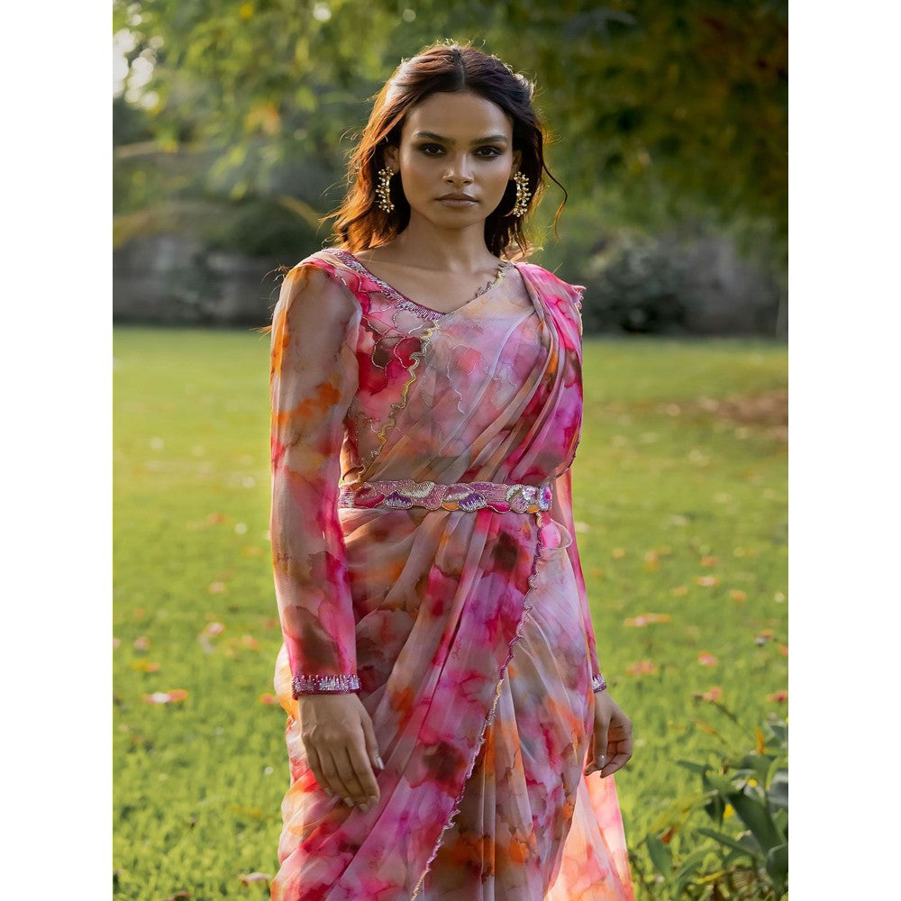 17 : 17 by Simmi Saboo Red Ombre Round Neck Full Sleeves Bustier with Pant Saree (Set of 3)