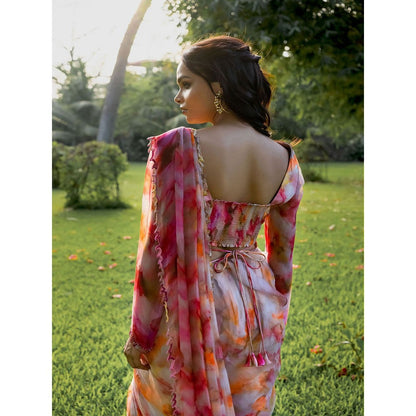 17 : 17 by Simmi Saboo Red Ombre Round Neck Full Sleeves Bustier with Pant Saree (Set of 3)