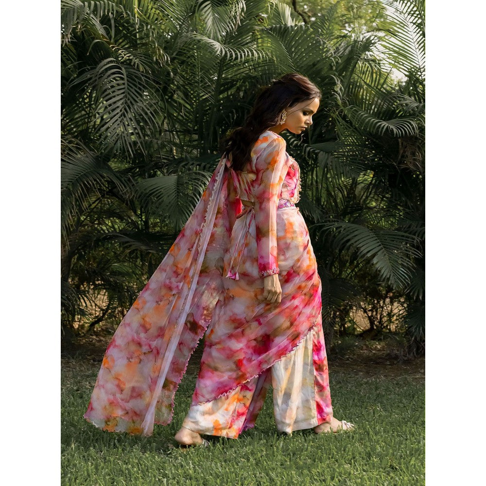 17 : 17 by Simmi Saboo Red Ombre Round Neck Full Sleeves Bustier with Pant Saree (Set of 3)