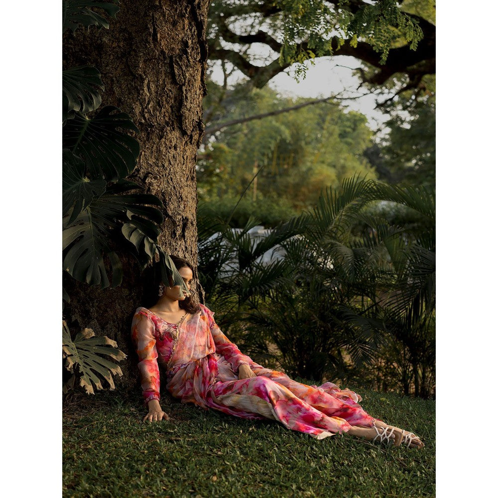 17 : 17 by Simmi Saboo Red Ombre Round Neck Full Sleeves Bustier with Pant Saree (Set of 3)