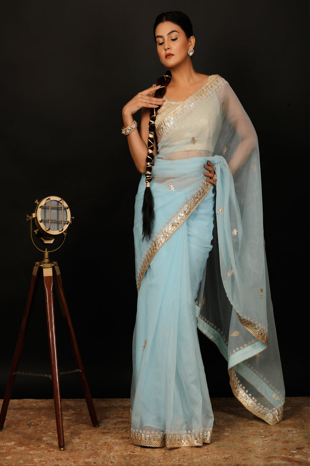 Pastel Blue Embellished Handcrafted Gota Patti Organza Saree - Geroo Jaipur
