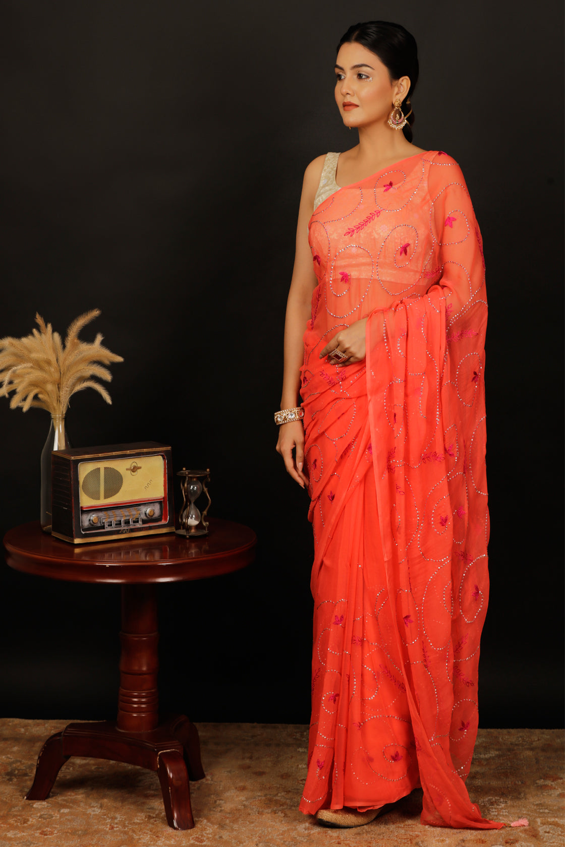 Peach And Orange Chiffon Saree | Leemboodi