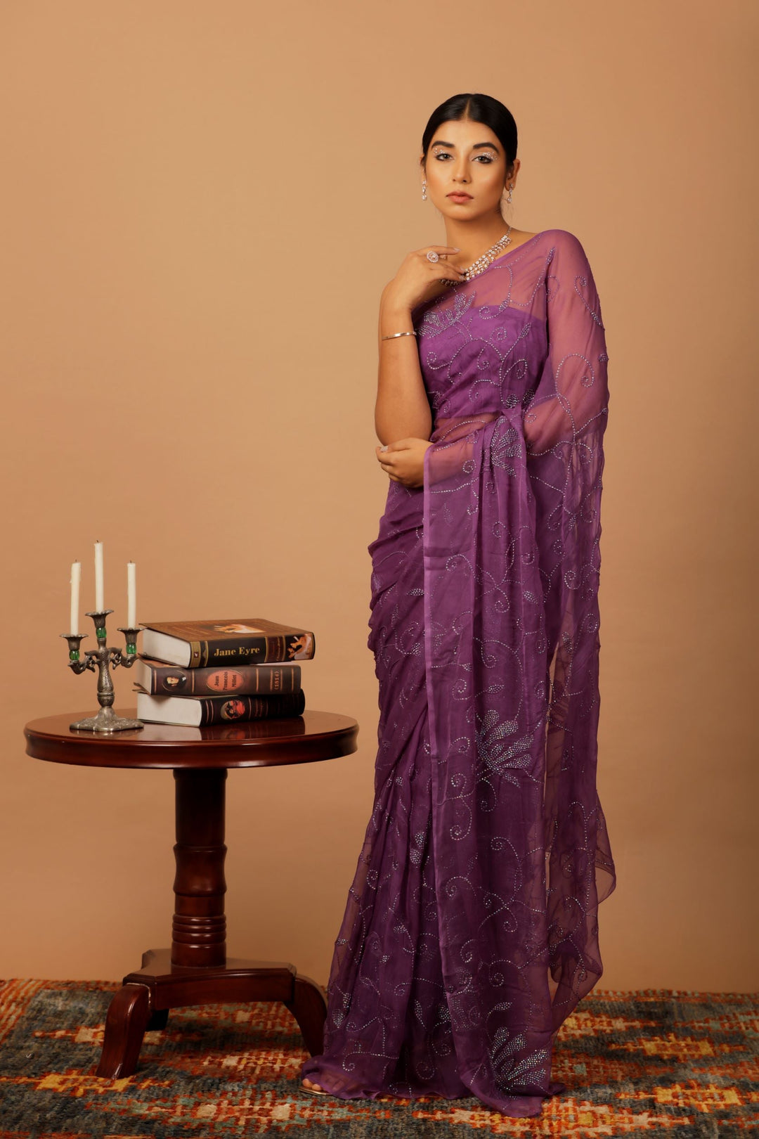 Purple Handcrafted Sequins Chiffon Saree - Geroo Jaipur
