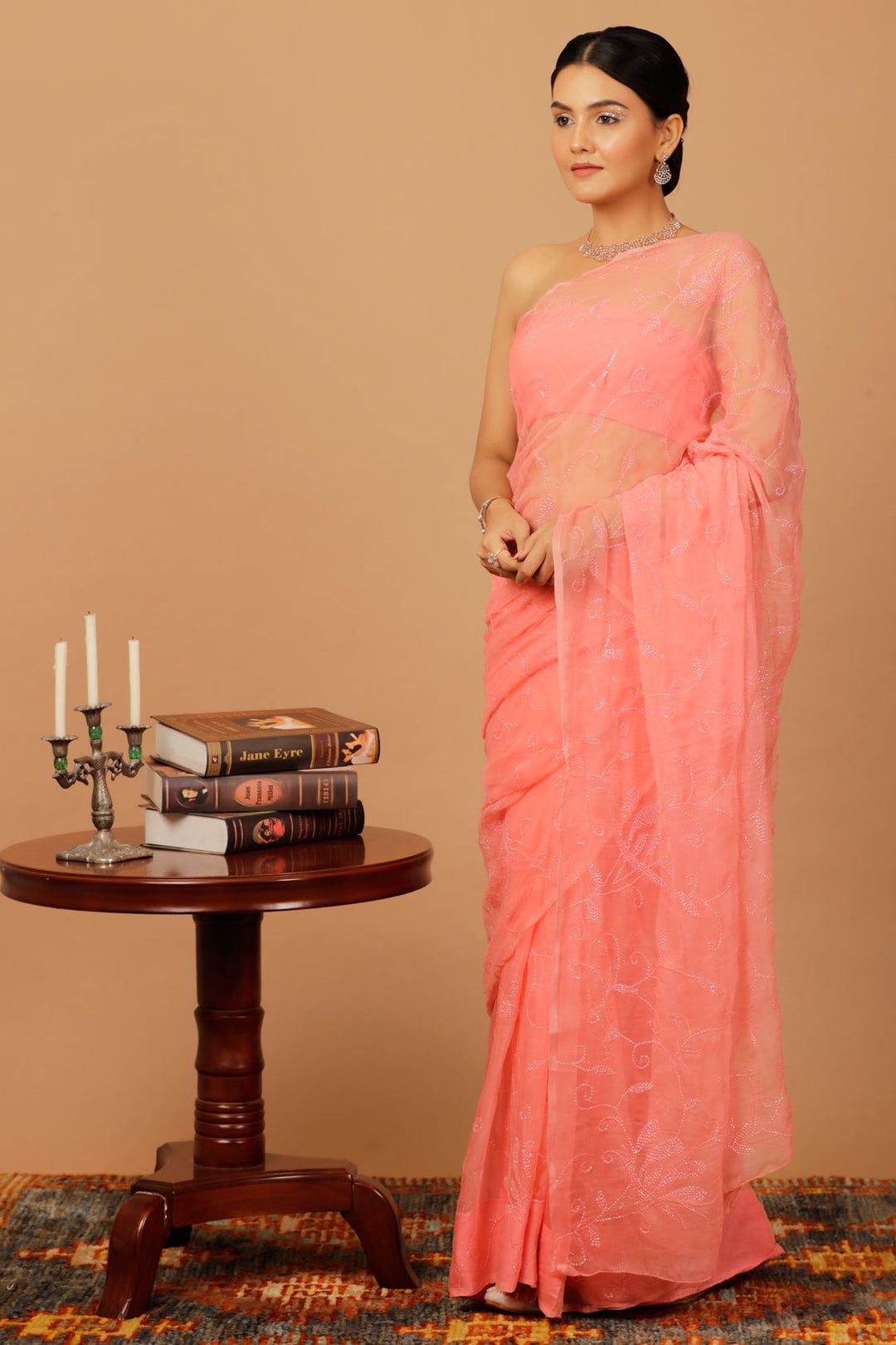 Handcrafted Pink Sequin Jaal Chiffon Saree - Geroo Jaipur