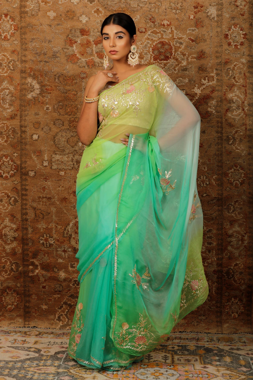 Green Shaded Handcrafted Embellished Gota Patti Chiffon Saree - Geroo Jaipur