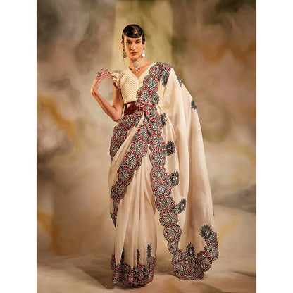 CHANDRIMA Ivory And Black Cutwork Saree