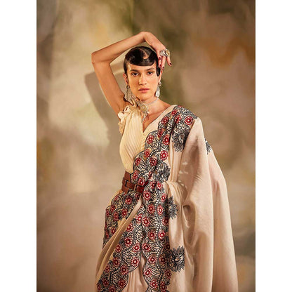CHANDRIMA Ivory And Black Cutwork Saree