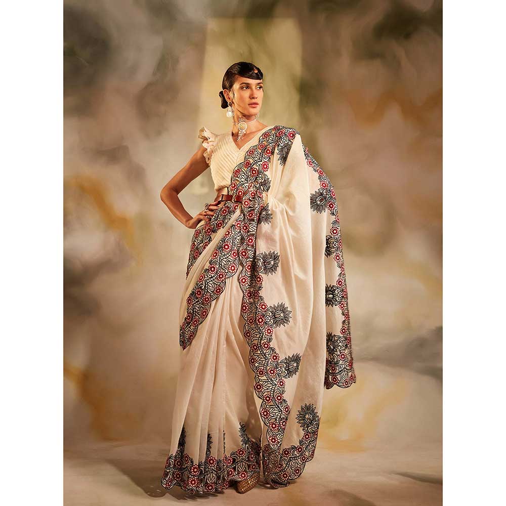 CHANDRIMA Ivory And Black Cutwork Saree