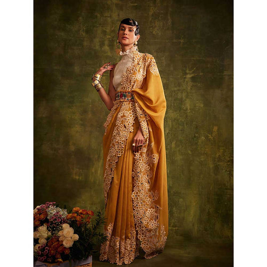 CHANDRIMA Yellow And Ivory Contrast Cutwork Saree