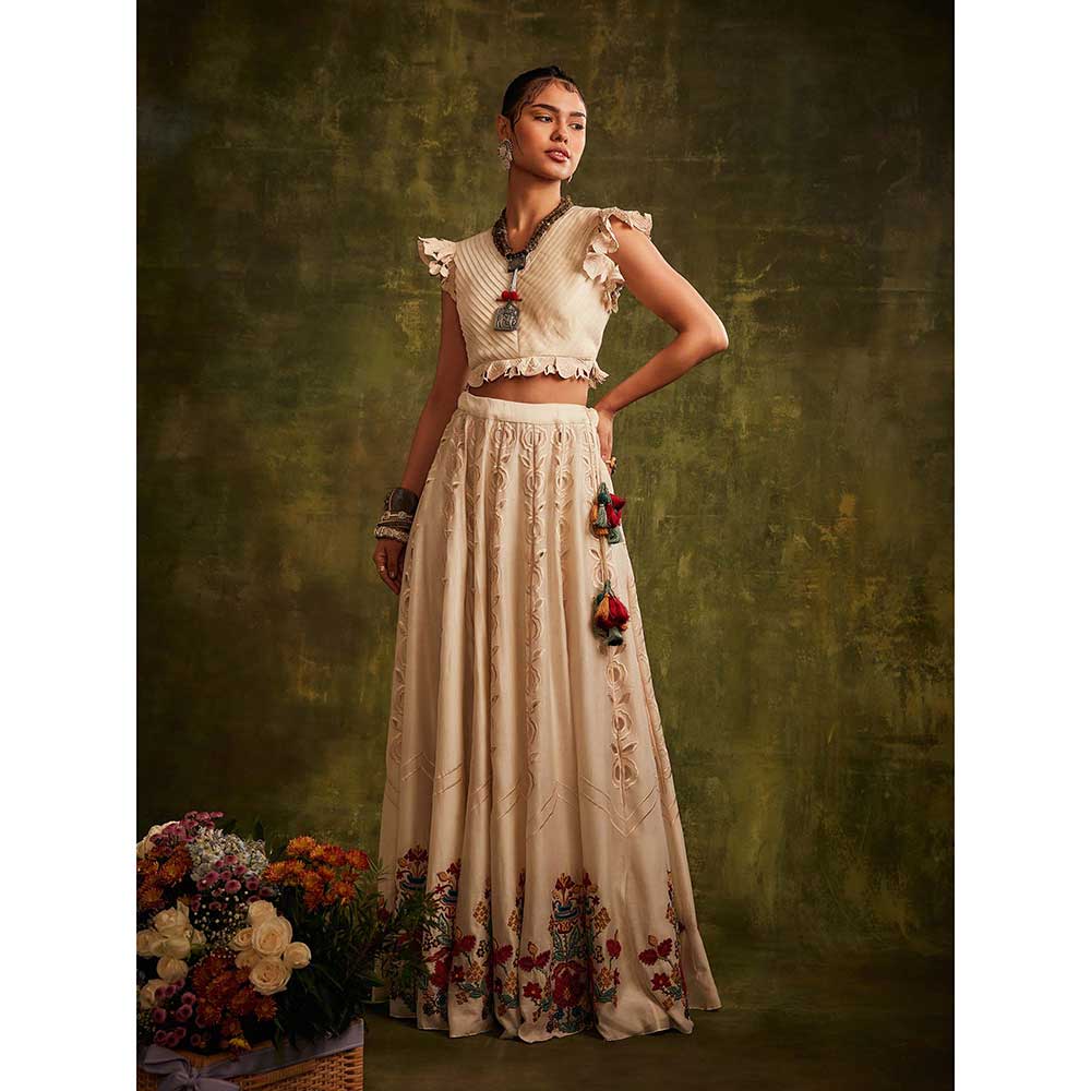 CHANDRIMA Ivory Cutwork And Beadwork Panel Lehenga