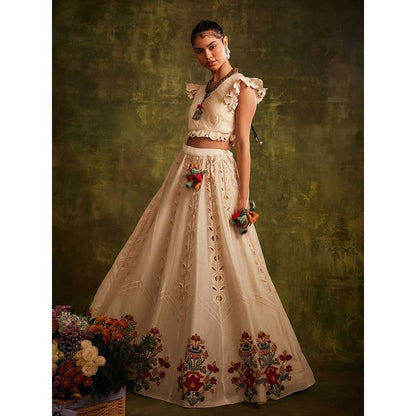 CHANDRIMA Ivory Cutwork And Beadwork Panel Lehenga