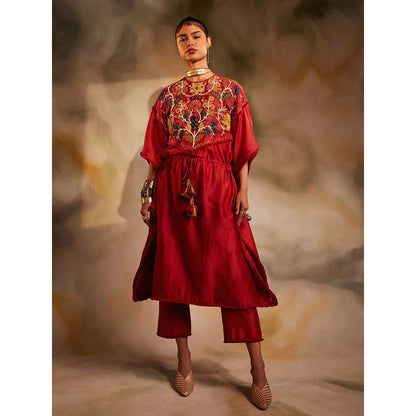 CHANDRIMA Red Chanderi Beaded Yoke Kaftan