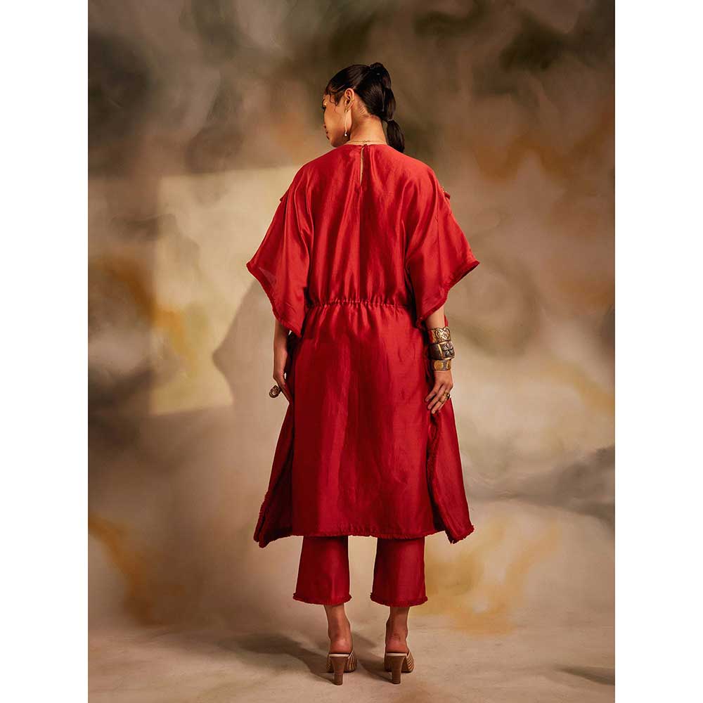 CHANDRIMA Red Chanderi Beaded Yoke Kaftan