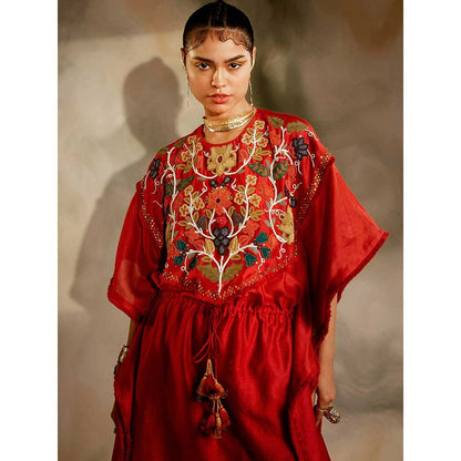 CHANDRIMA Red Chanderi Beaded Yoke Kaftan