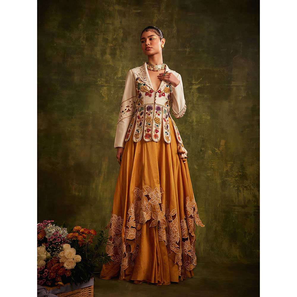 CHANDRIMA Yellow And Ivory Cutwork Layered Lehenga