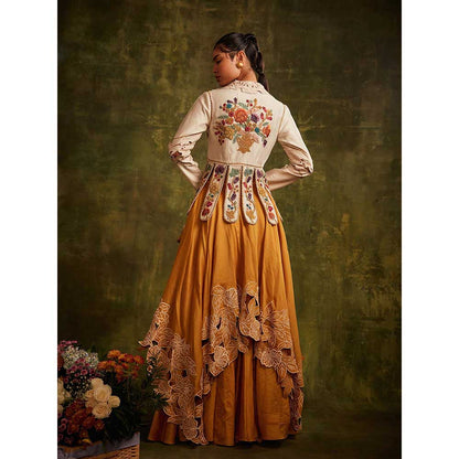 CHANDRIMA Yellow And Ivory Cutwork Layered Lehenga
