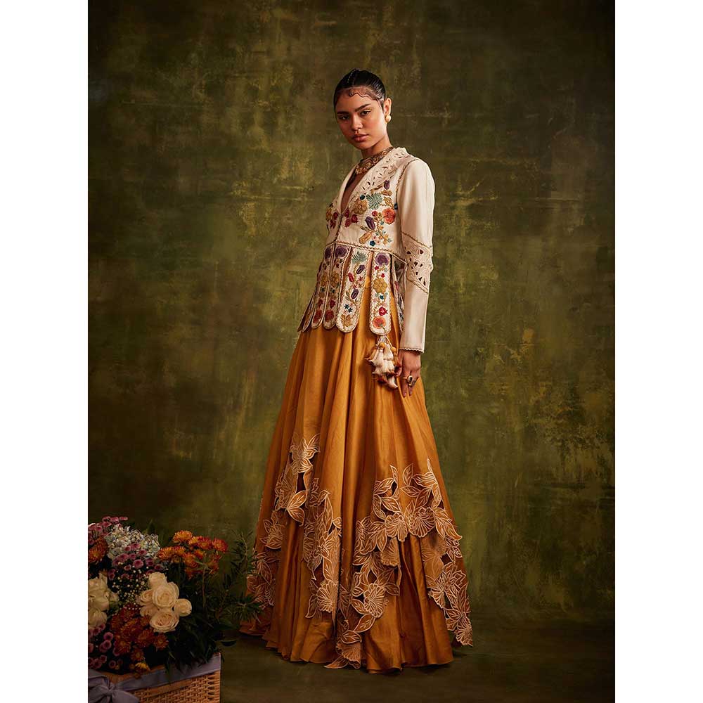 CHANDRIMA Yellow And Ivory Cutwork Layered Lehenga