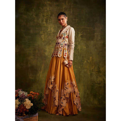 CHANDRIMA Yellow And Ivory Cutwork Layered Lehenga