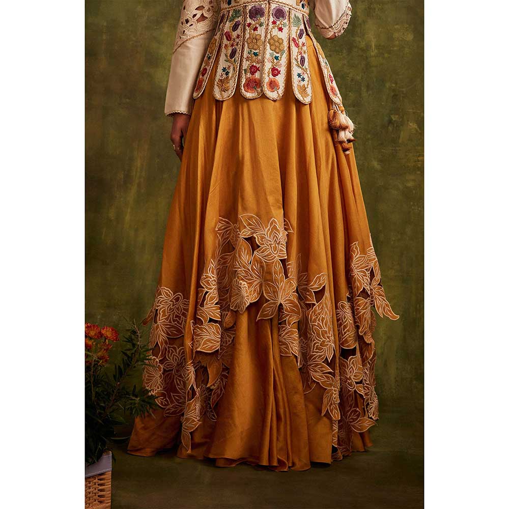 CHANDRIMA Yellow And Ivory Cutwork Layered Lehenga