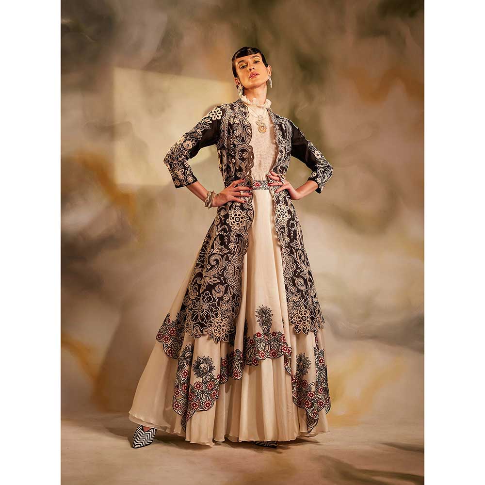 CHANDRIMA Ivory And Black Cutwork Layered Lehenga