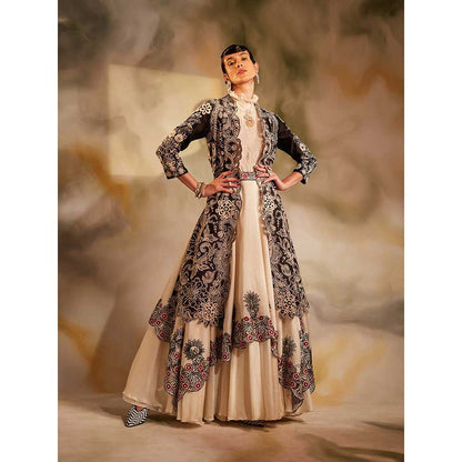 CHANDRIMA Ivory And Black Cutwork Layered Lehenga