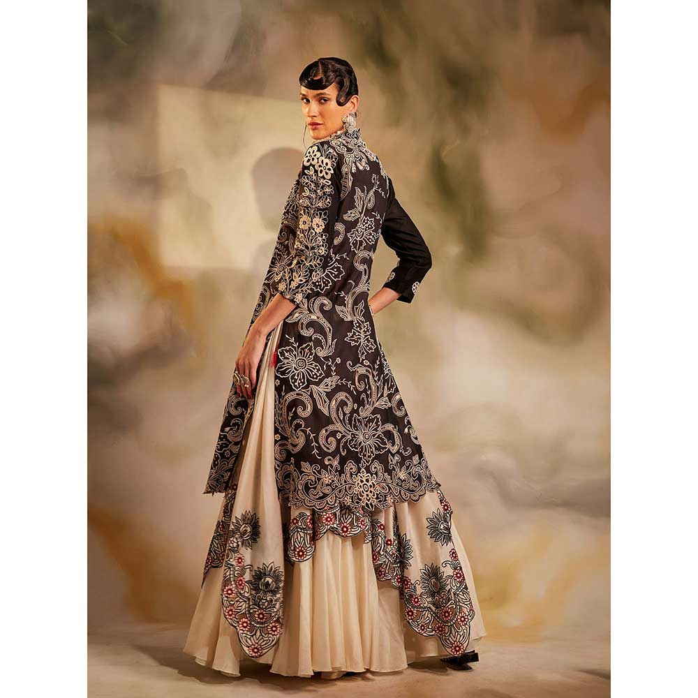 CHANDRIMA Ivory And Black Cutwork Layered Lehenga