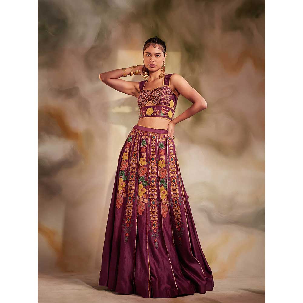 CHANDRIMA Plum Pleated Beadwork Lehenga