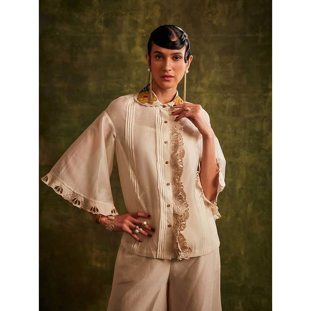 CHANDRIMA Ivory Chanderi Ruffled Shirt