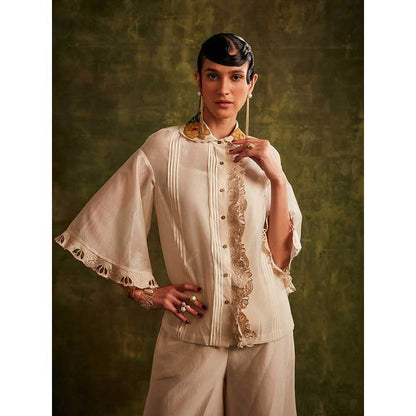 CHANDRIMA Ivory Chanderi Ruffled Shirt