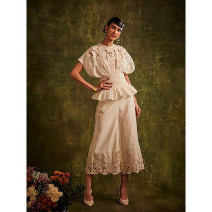 CHANDRIMA Ivory Cutwork Smocked Waist Top