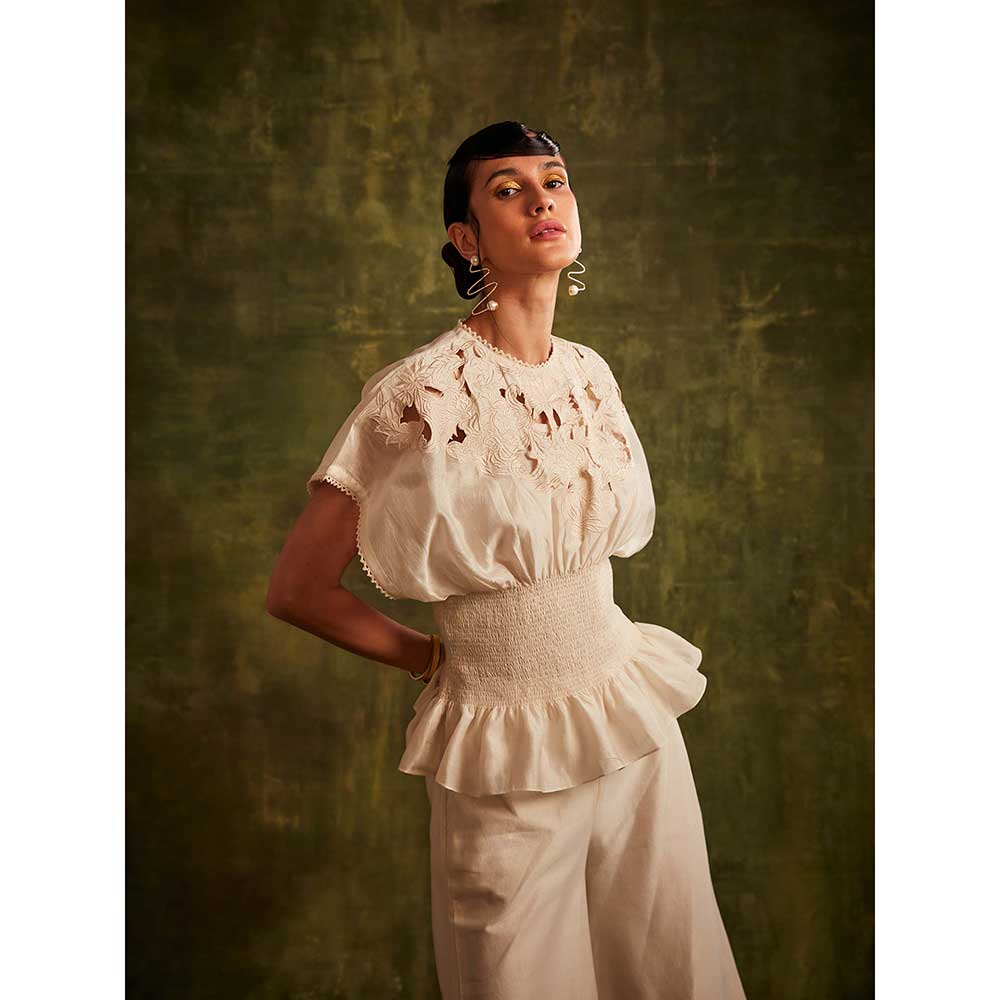 CHANDRIMA Ivory Cutwork Smocked Waist Top