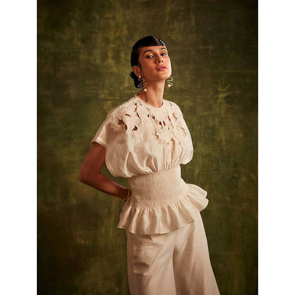 CHANDRIMA Ivory Cutwork Smocked Waist Top