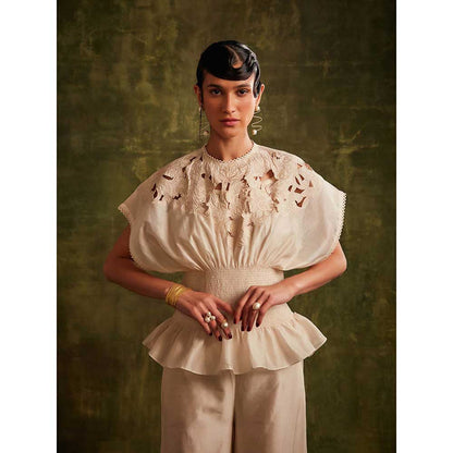 CHANDRIMA Ivory Cutwork Smocked Waist Top