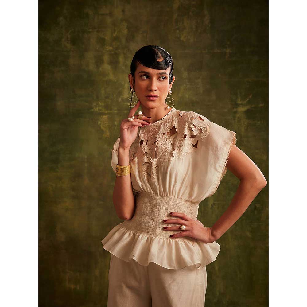 CHANDRIMA Ivory Cutwork Smocked Waist Top