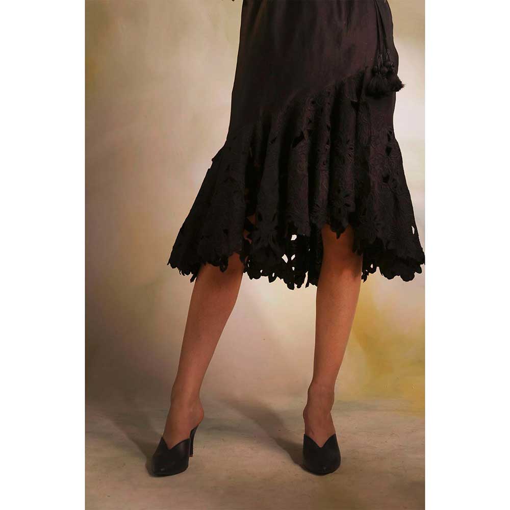CHANDRIMA Black Cutwork Overlap Skirt