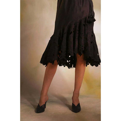 CHANDRIMA Black Cutwork Overlap Skirt