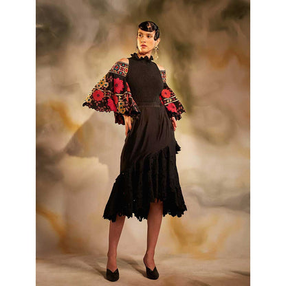 CHANDRIMA Black Cutwork Overlap Skirt