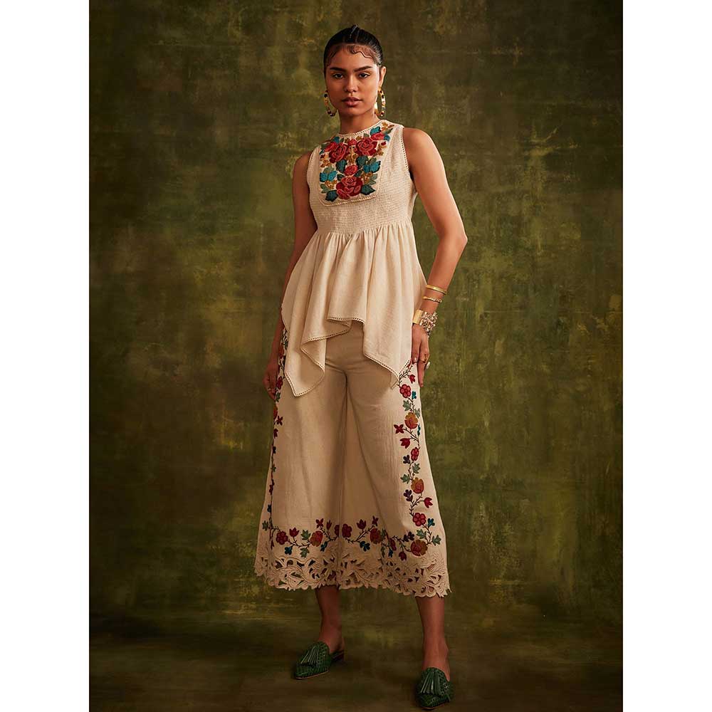 CHANDRIMA Ivory Smocked Top With Beadwork Yoke