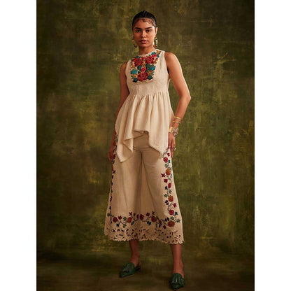 CHANDRIMA Ivory Smocked Top With Beadwork Yoke