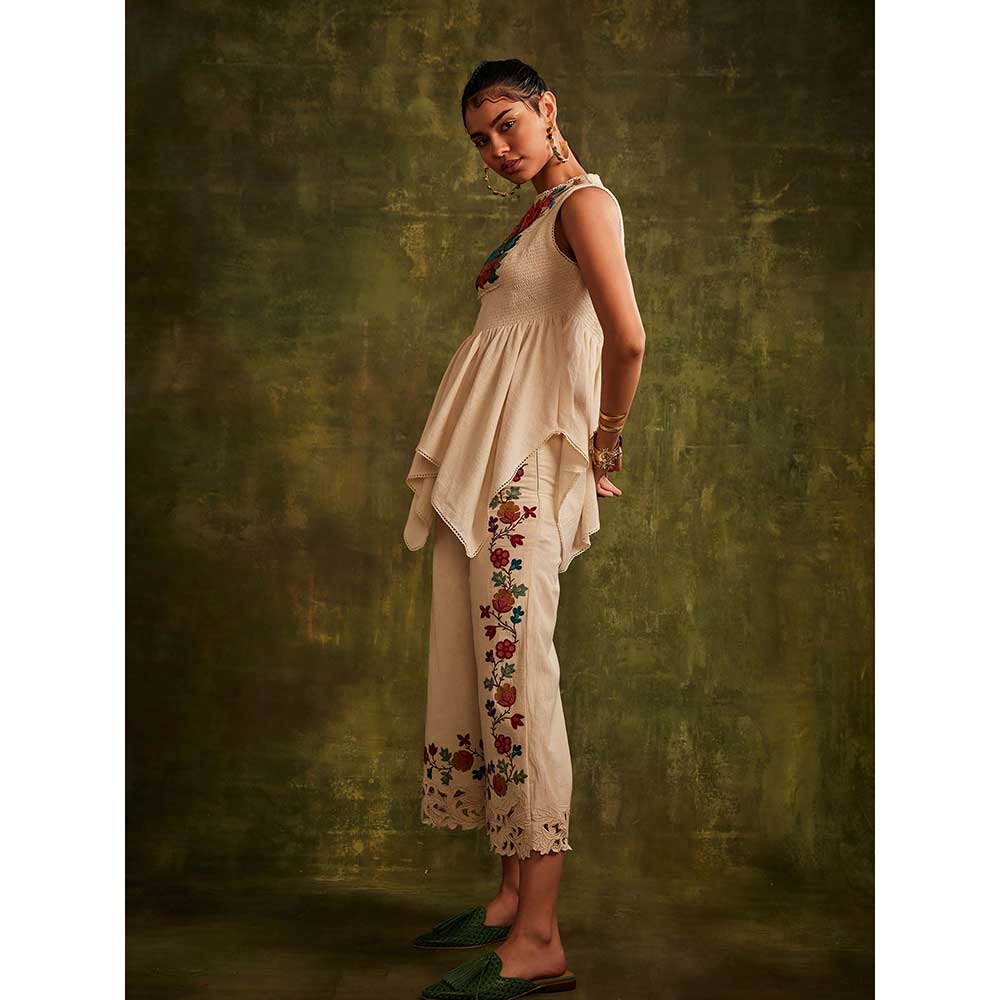 CHANDRIMA Ivory Smocked Top With Beadwork Yoke