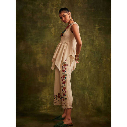 CHANDRIMA Ivory Smocked Top With Beadwork Yoke